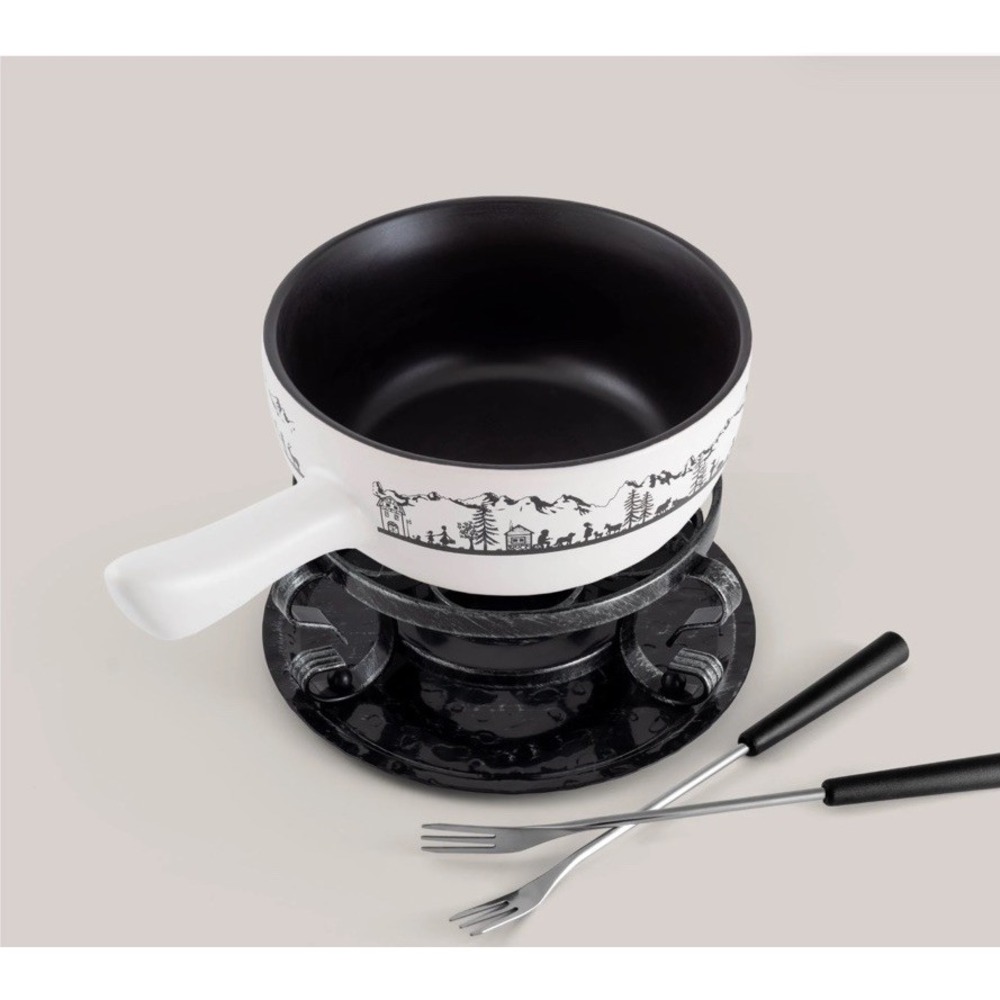 Swissmar Heidi 9-Pc Ceramic Cheese Fondue Set 2.8 QT Pot Burner Base 6 Forks NIB